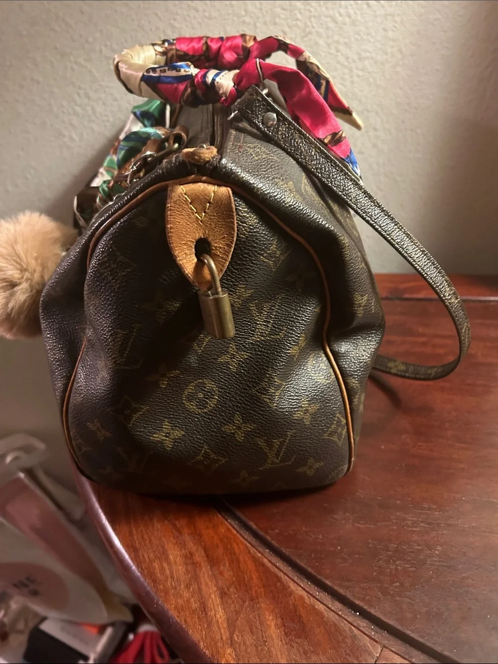 Louis Vuitton Monogram Satchel with Colorful Scarf-Wrapped Handles
